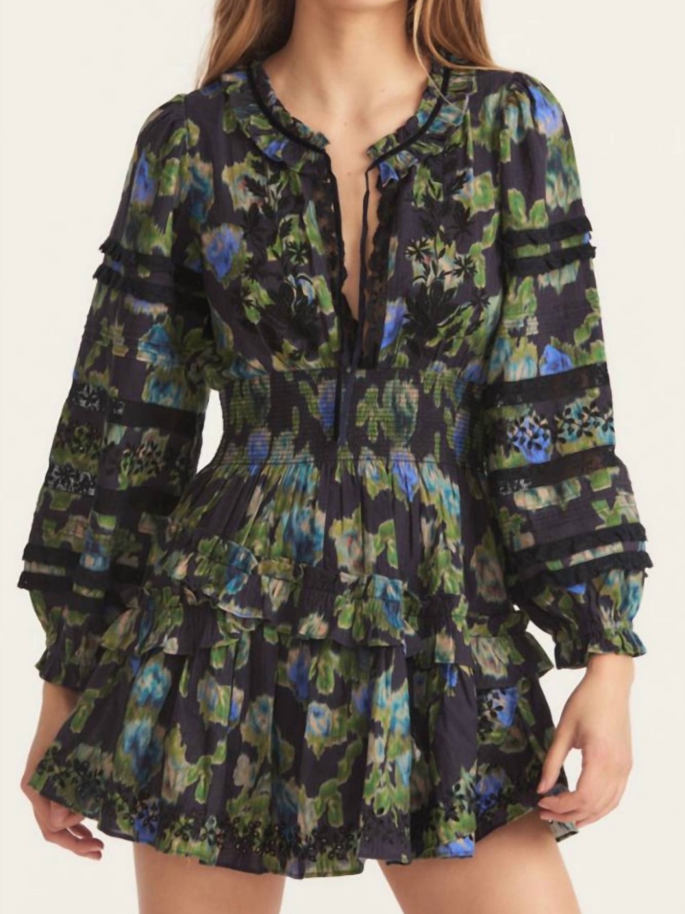 LoveShackFancy Clarkie Mini Dress in Deep Blue Trace